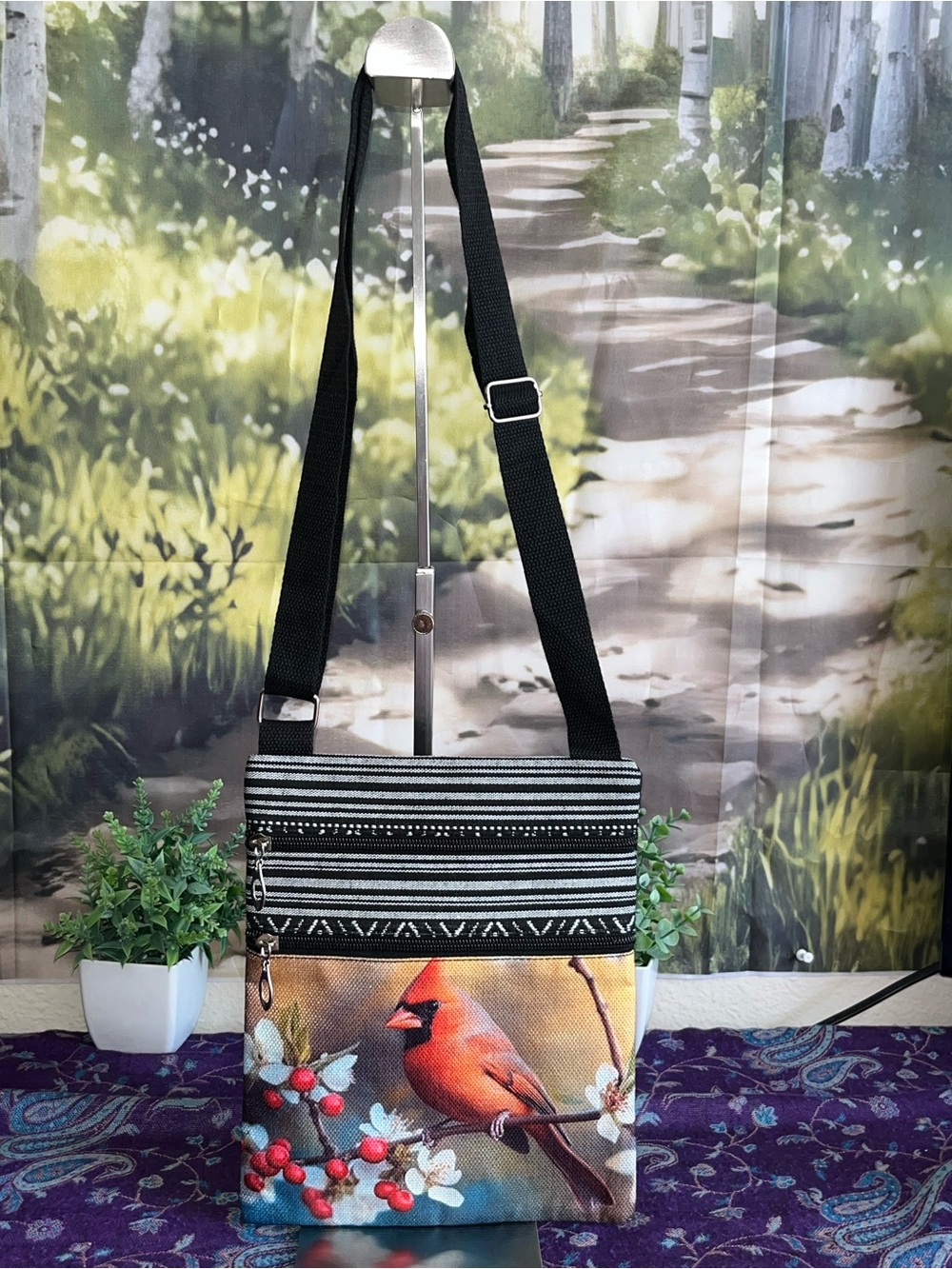Handcrafted Black & Multicolor Crossbody Bag with Cardinal Print